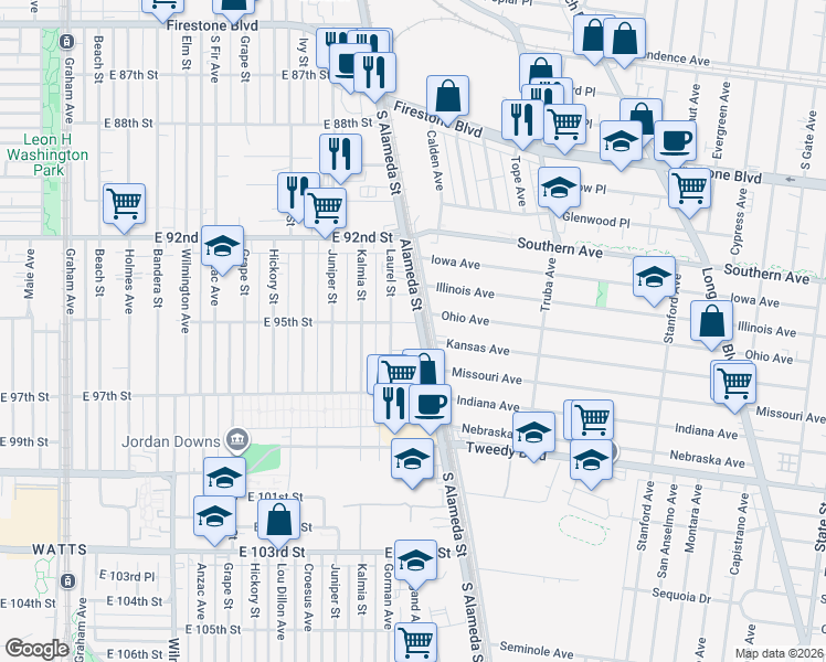 map of restaurants, bars, coffee shops, grocery stores, and more near 9523 South Alameda Street in Los Angeles