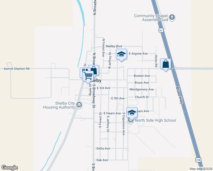 map of restaurants, bars, coffee shops, grocery stores, and more near 400-402 Hwy 32 in Shelby