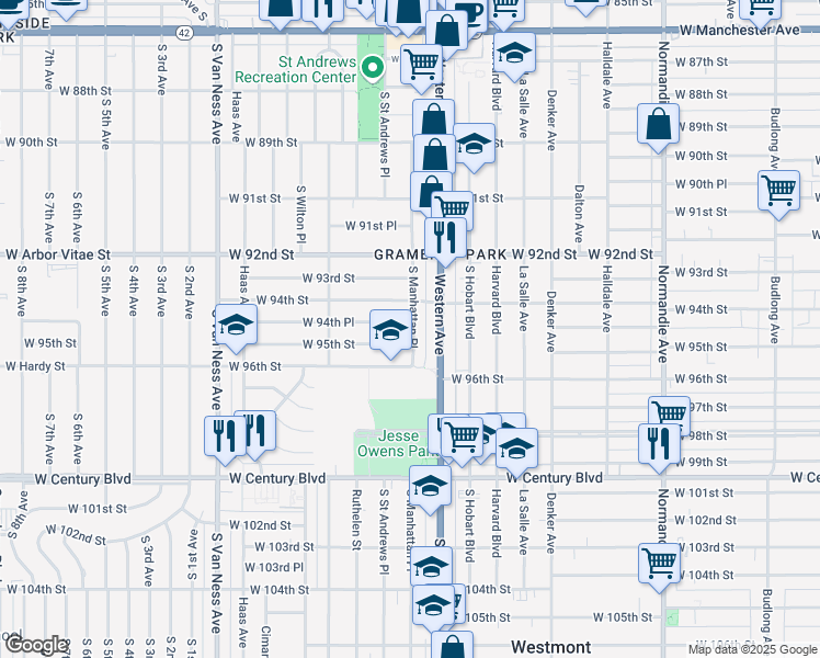 map of restaurants, bars, coffee shops, grocery stores, and more near 1850 West 94th Place in Los Angeles