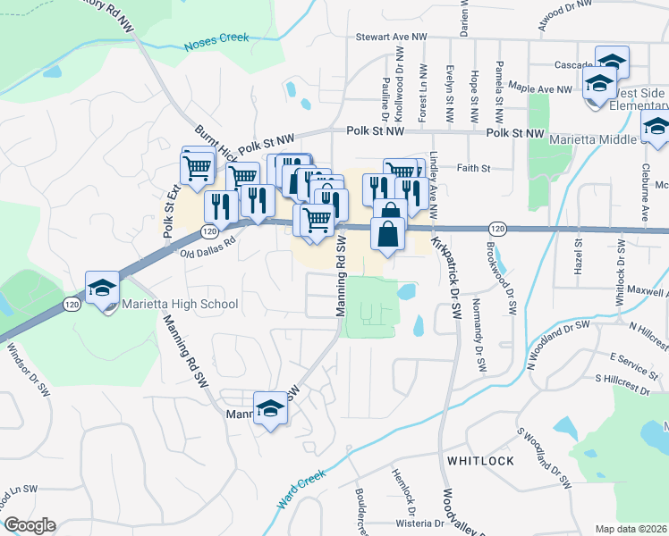 map of restaurants, bars, coffee shops, grocery stores, and more near 731 Whitlock Avenue Southwest in Marietta