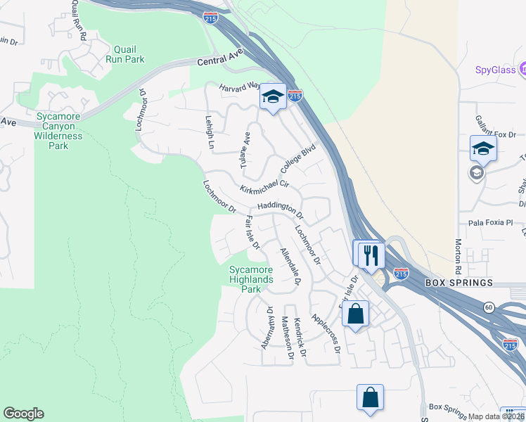 map of restaurants, bars, coffee shops, grocery stores, and more near 1413 Kirkmichael Circle in Riverside