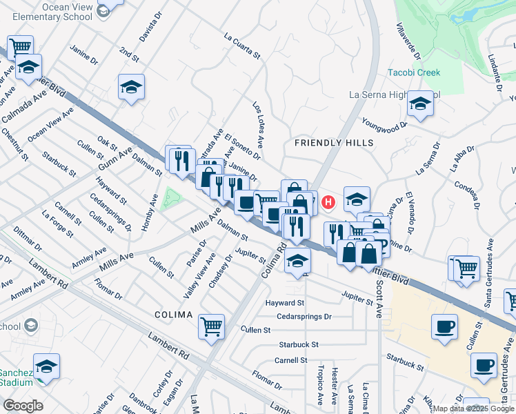 map of restaurants, bars, coffee shops, grocery stores, and more near 8918 Valley View Avenue in Whittier