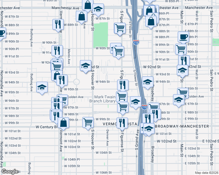 map of restaurants, bars, coffee shops, grocery stores, and more near 543 West 94th Street in Los Angeles
