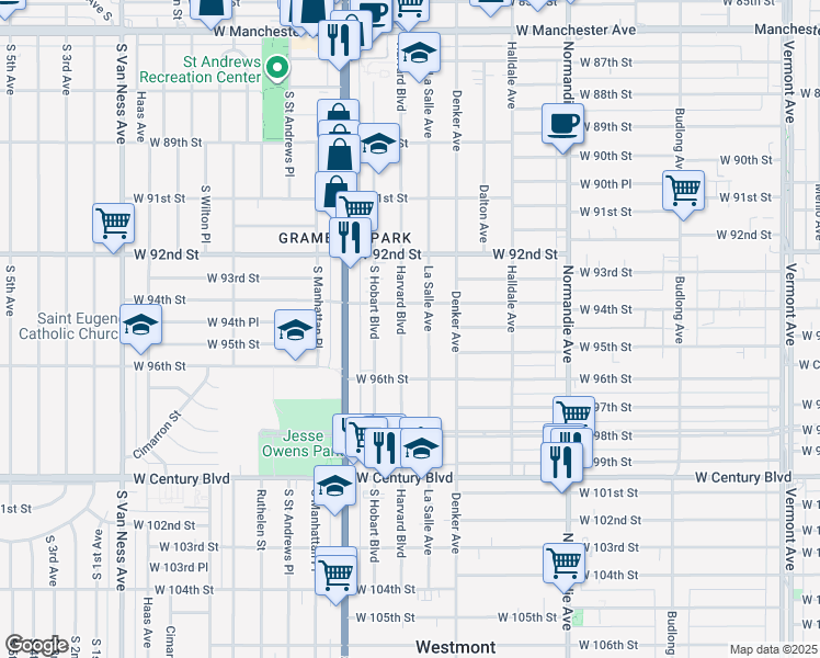 map of restaurants, bars, coffee shops, grocery stores, and more near 9400 Harvard Boulevard in Los Angeles
