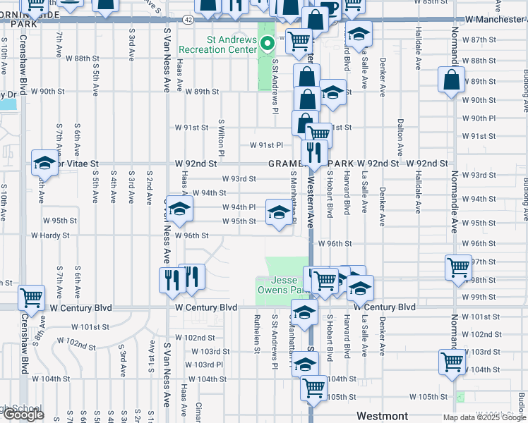 map of restaurants, bars, coffee shops, grocery stores, and more near 1930 West 94th Street in Los Angeles
