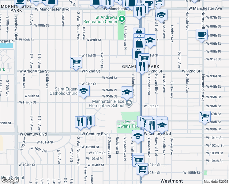 map of restaurants, bars, coffee shops, grocery stores, and more near 1930 West 94th Street in Los Angeles