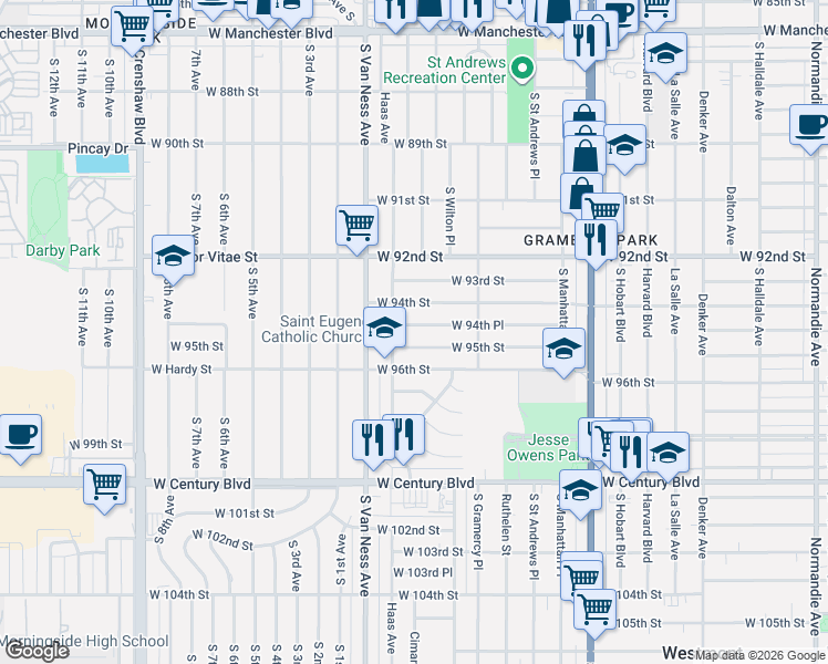map of restaurants, bars, coffee shops, grocery stores, and more near 2056 West 94th Street in Los Angeles