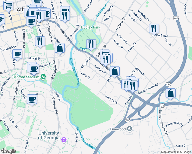 map of restaurants, bars, coffee shops, grocery stores, and more near 923 Oconee Street in Athens
