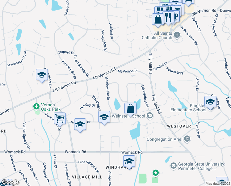 map of restaurants, bars, coffee shops, grocery stores, and more near 5143 Meadowlake Lane in Dunwoody