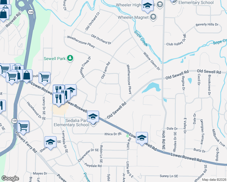 map of restaurants, bars, coffee shops, grocery stores, and more near 211 Pioneer Trail in Marietta