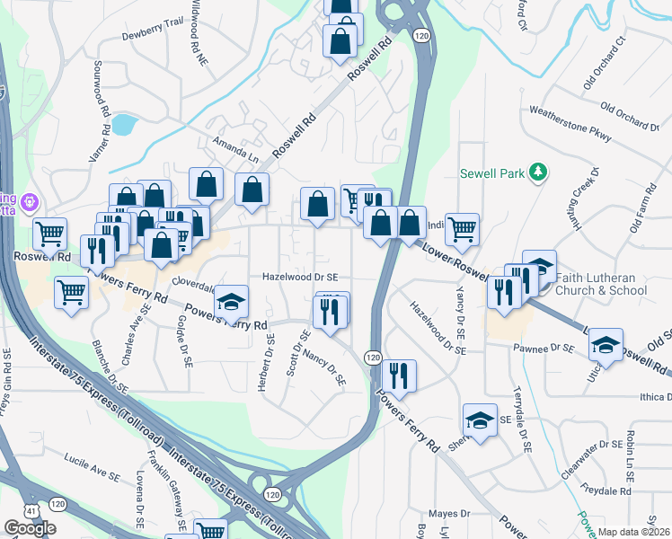map of restaurants, bars, coffee shops, grocery stores, and more near 1773 Hazelwood Drive Southeast in Marietta