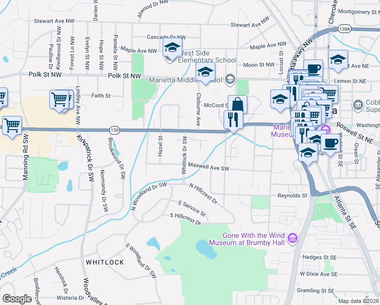 map of restaurants, bars, coffee shops, grocery stores, and more near 31 Whitlock Drive Southwest in Marietta