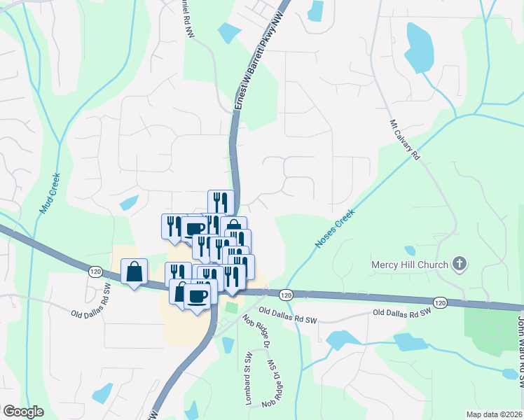 map of restaurants, bars, coffee shops, grocery stores, and more near 2391 Battle Forest Drive Southwest in Marietta
