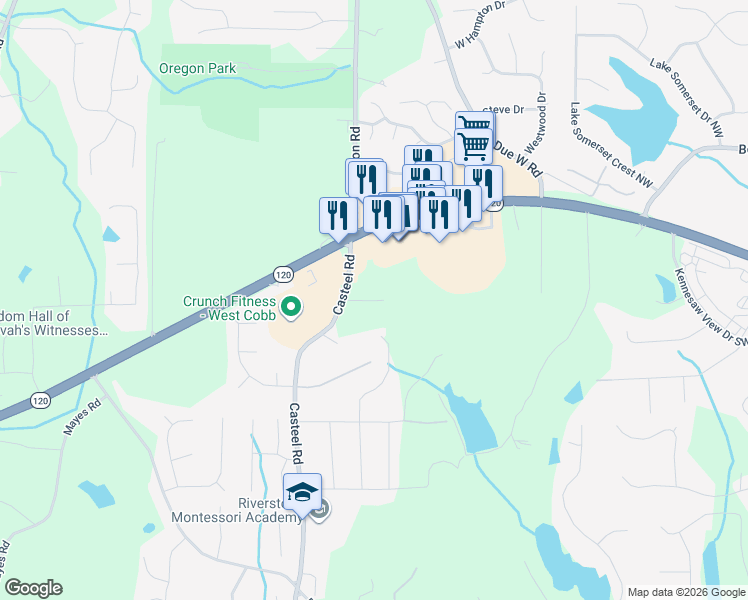 map of restaurants, bars, coffee shops, grocery stores, and more near 3738 Ramble Lane Southwest in Marietta