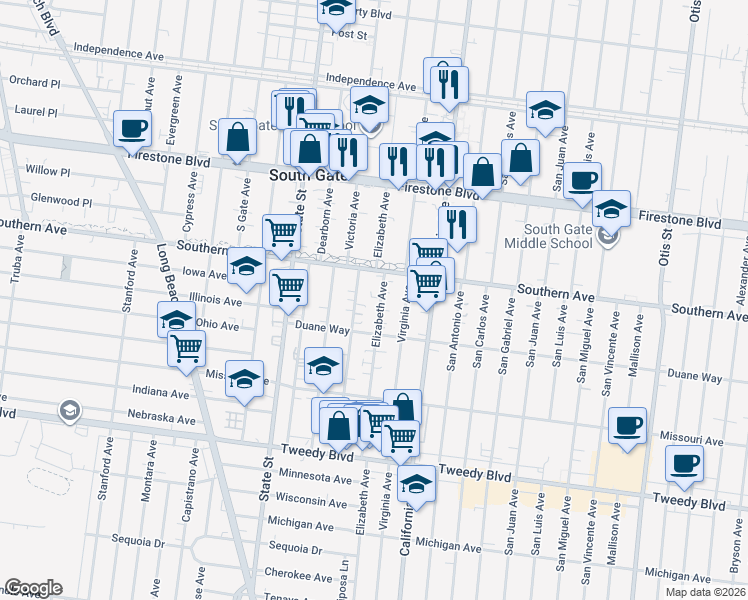 map of restaurants, bars, coffee shops, grocery stores, and more near 9211 Elizabeth Avenue in South Gate