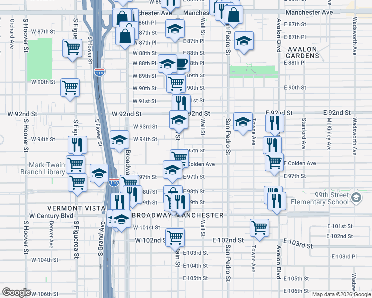 map of restaurants, bars, coffee shops, grocery stores, and more near 113 East 95th Street in Los Angeles