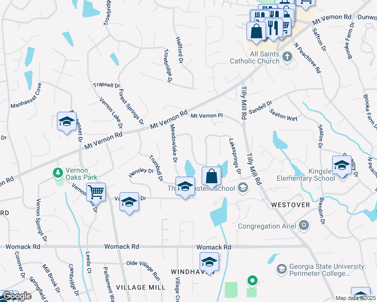 map of restaurants, bars, coffee shops, grocery stores, and more near 5143 Meadowlake Lane in Dunwoody