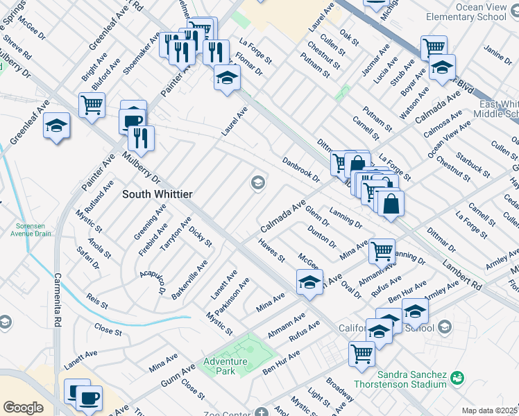 map of restaurants, bars, coffee shops, grocery stores, and more near 9367 Barkerville Avenue in Whittier