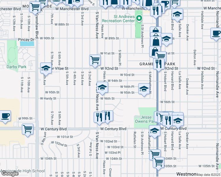 map of restaurants, bars, coffee shops, grocery stores, and more near 2106 West 94th Place in Los Angeles