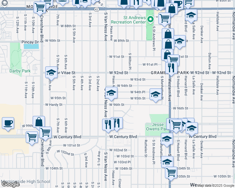 map of restaurants, bars, coffee shops, grocery stores, and more near 2116 West 94th Place in Los Angeles
