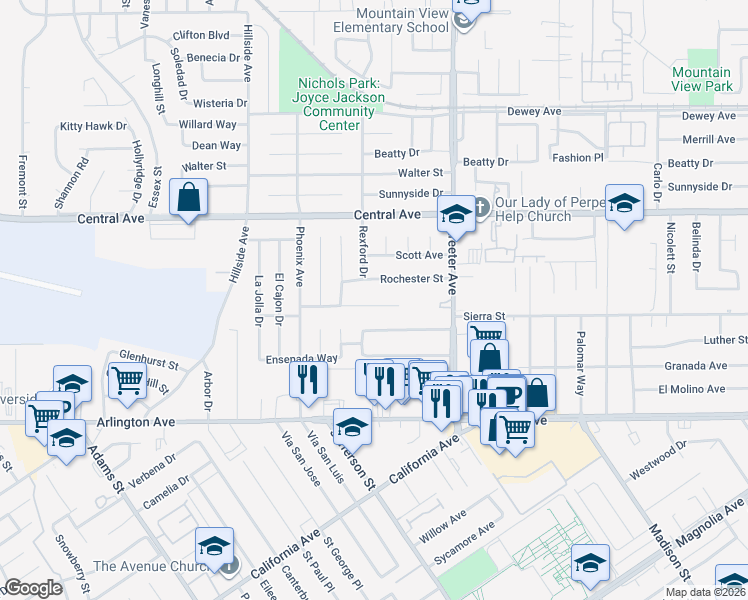 map of restaurants, bars, coffee shops, grocery stores, and more near 5455 Wayman Street in Riverside