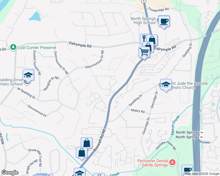 map of restaurants, bars, coffee shops, grocery stores, and more near 7100 Roswell Road in Atlanta