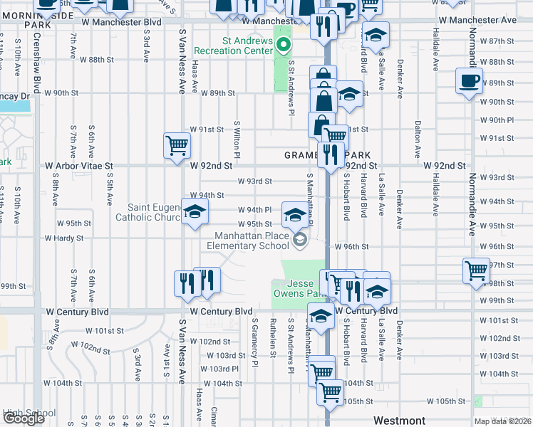 map of restaurants, bars, coffee shops, grocery stores, and more near 1930 West 94th Street in Los Angeles