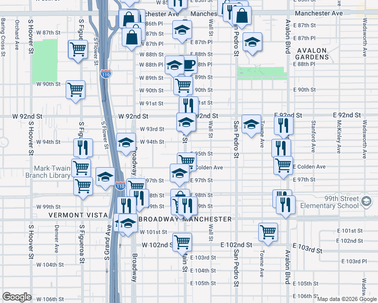 map of restaurants, bars, coffee shops, grocery stores, and more near 9422 Main Street in Los Angeles