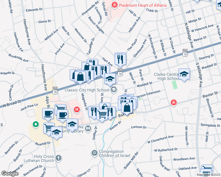 map of restaurants, bars, coffee shops, grocery stores, and more near 440 Dearing Extension in Athens