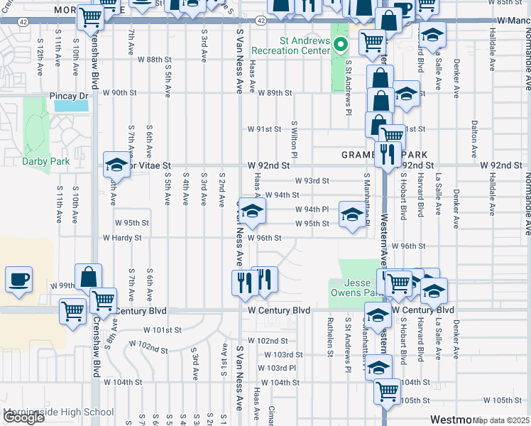 map of restaurants, bars, coffee shops, grocery stores, and more near 2116 West 94th Place in Los Angeles