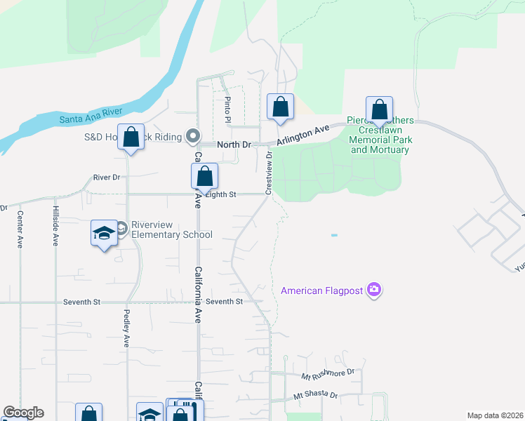 map of restaurants, bars, coffee shops, grocery stores, and more near 4659 Crestview Drive in Norco