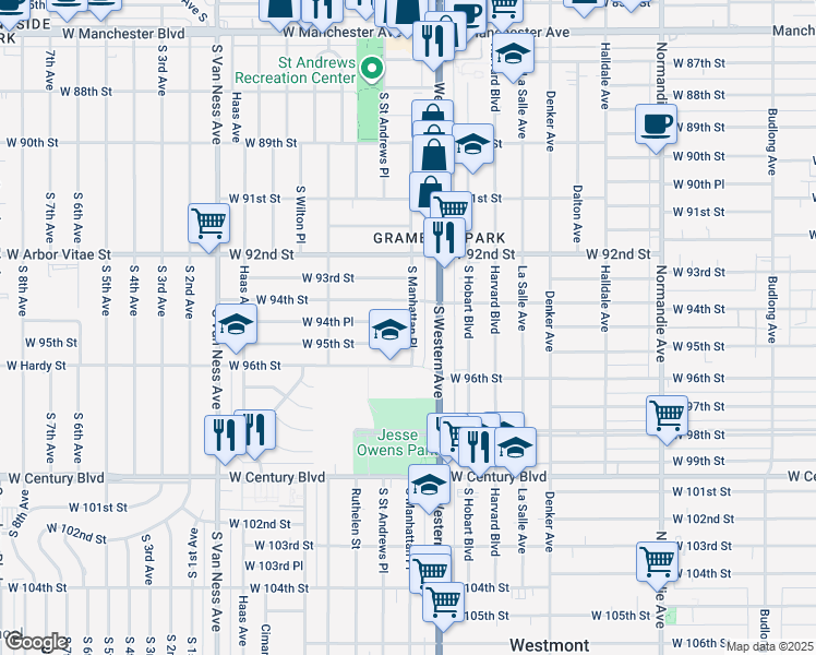 map of restaurants, bars, coffee shops, grocery stores, and more near 1850 West 94th Place in Los Angeles
