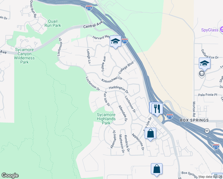 map of restaurants, bars, coffee shops, grocery stores, and more near 1413 Kirkmichael Circle in Riverside