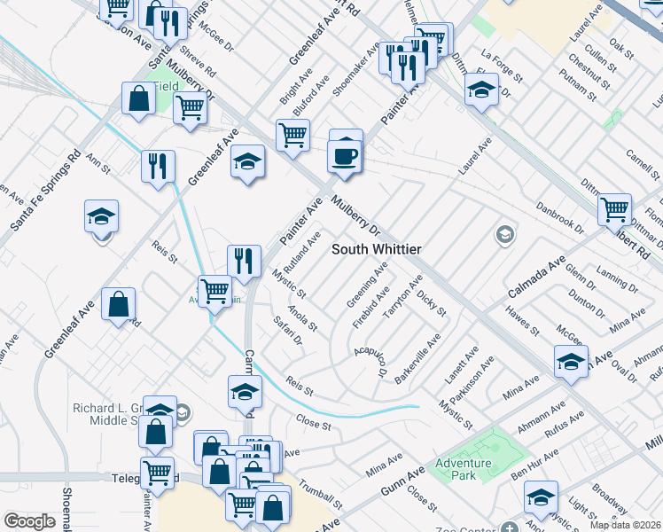 map of restaurants, bars, coffee shops, grocery stores, and more near 9503 Amsdell Avenue in Whittier