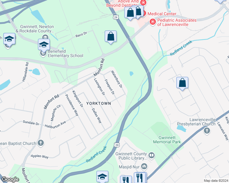 map of restaurants, bars, coffee shops, grocery stores, and more near 369 Freeport Drive in Lawrenceville