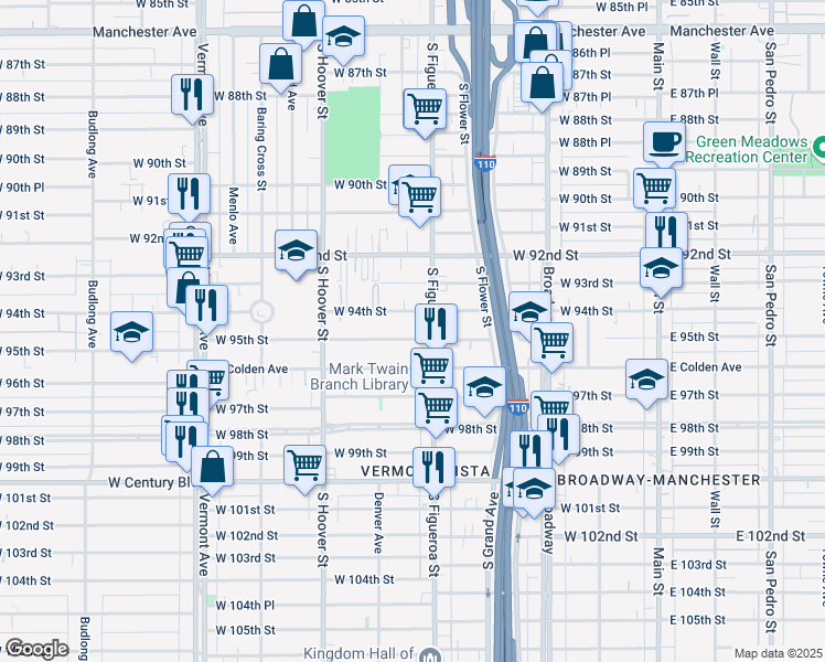 map of restaurants, bars, coffee shops, grocery stores, and more near 523 West 95th Street in Los Angeles