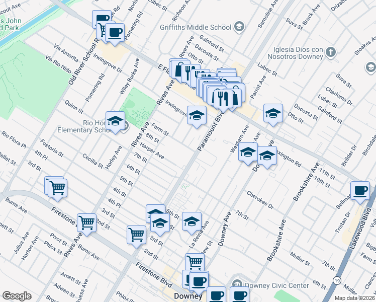 map of restaurants, bars, coffee shops, grocery stores, and more near 10335 Paramount Boulevard in Downey