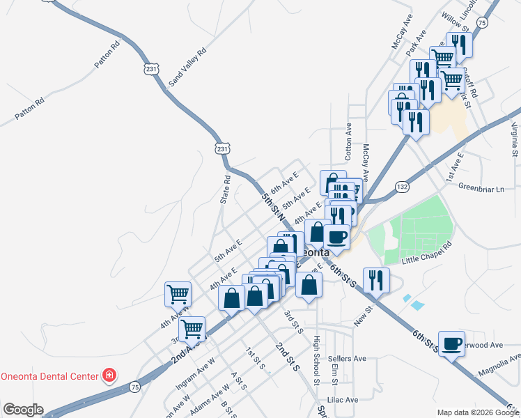 map of restaurants, bars, coffee shops, grocery stores, and more near 606 4th Street North in Oneonta