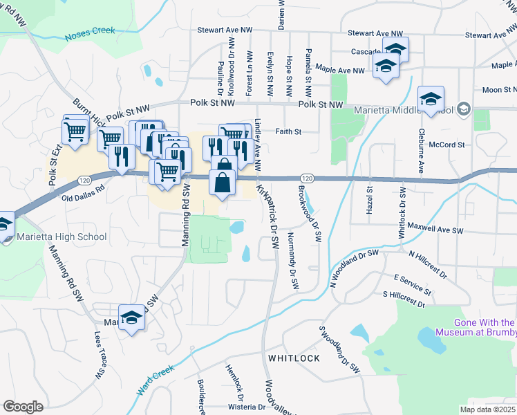 map of restaurants, bars, coffee shops, grocery stores, and more near 116 Patrick Way in Marietta