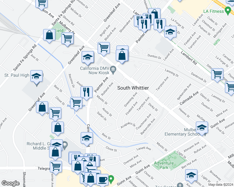 map of restaurants, bars, coffee shops, grocery stores, and more near 9503 Amsdell Avenue in Whittier