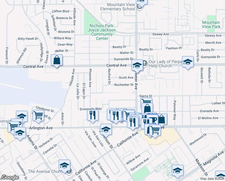 map of restaurants, bars, coffee shops, grocery stores, and more near 5455 Wayman Street in Riverside