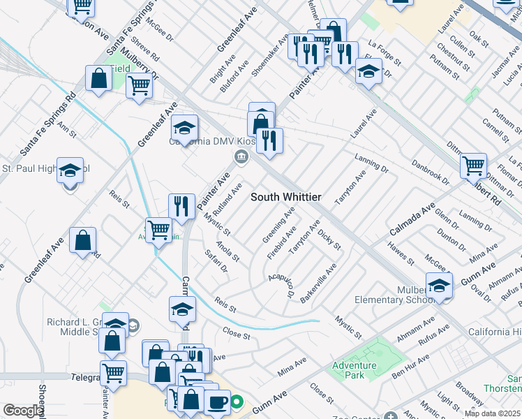 map of restaurants, bars, coffee shops, grocery stores, and more near 9484 Amsdell Avenue in Whittier