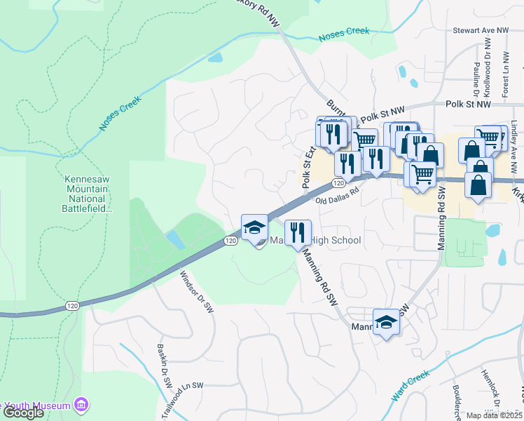 map of restaurants, bars, coffee shops, grocery stores, and more near 1160 Whitlock Avenue Southwest in Marietta