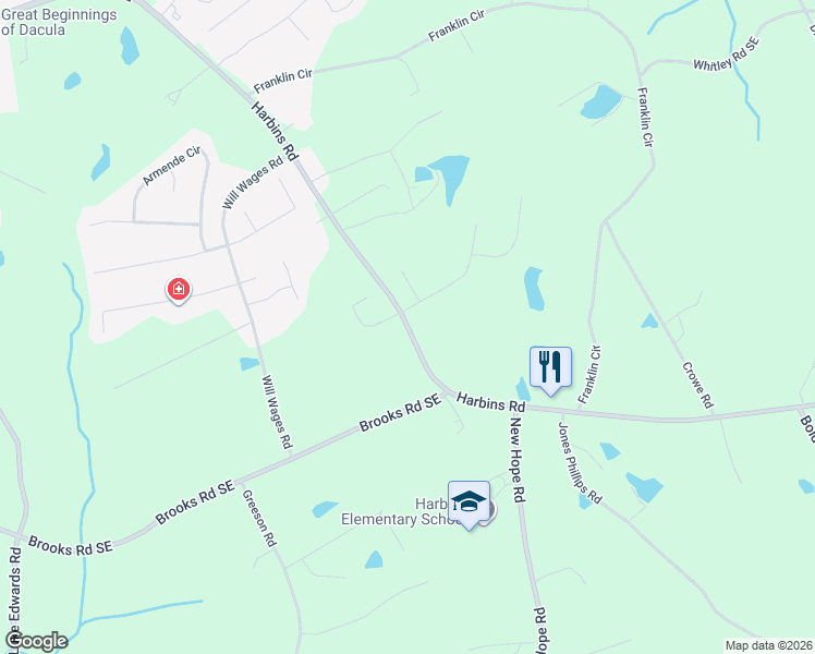 map of restaurants, bars, coffee shops, grocery stores, and more near 1762 Harbins Road in Dacula