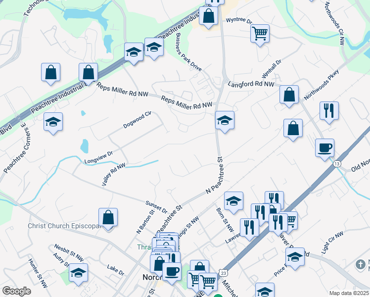 map of restaurants, bars, coffee shops, grocery stores, and more near 567 Cochran Drive in Norcross