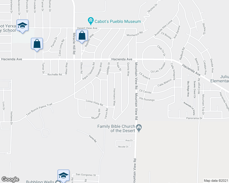 map of restaurants, bars, coffee shops, grocery stores, and more near Hermano Way in Desert Hot Springs