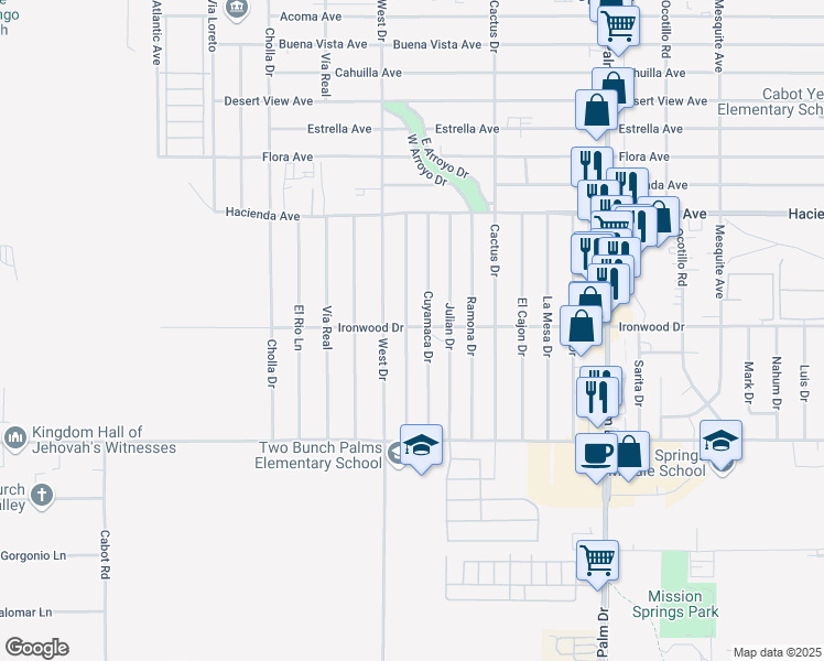 map of restaurants, bars, coffee shops, grocery stores, and more near Santa Ysabel Drive in Desert Hot Springs