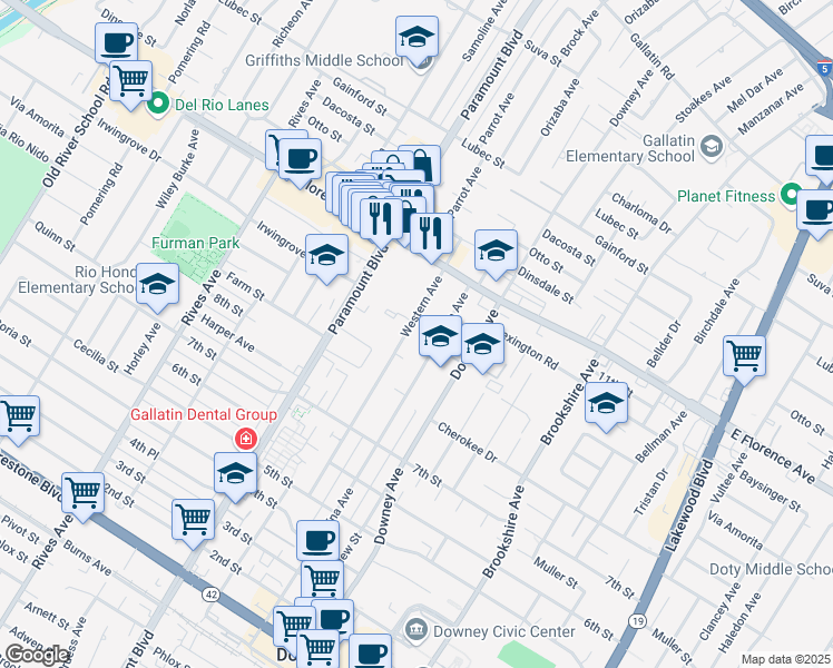 map of restaurants, bars, coffee shops, grocery stores, and more near 10326 Western Avenue in Downey