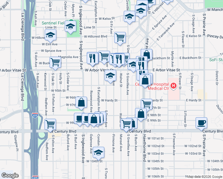 map of restaurants, bars, coffee shops, grocery stores, and more near 1011 South Fir Avenue in Inglewood