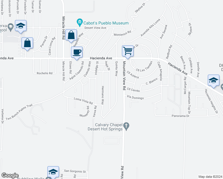 map of restaurants, bars, coffee shops, grocery stores, and more near 13540 Inaja Street in Desert Hot Springs